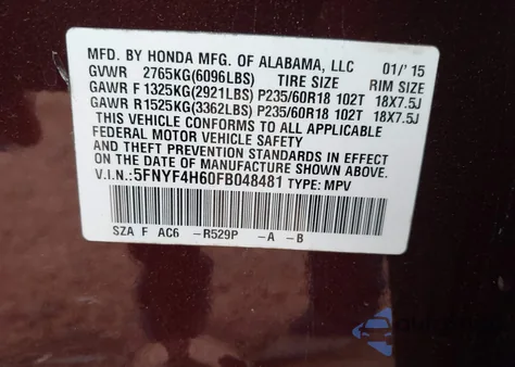 2015 Honda Pilot Ex-L z USA, uszkodzony, nr VIN 5FNYF4H60FB048481